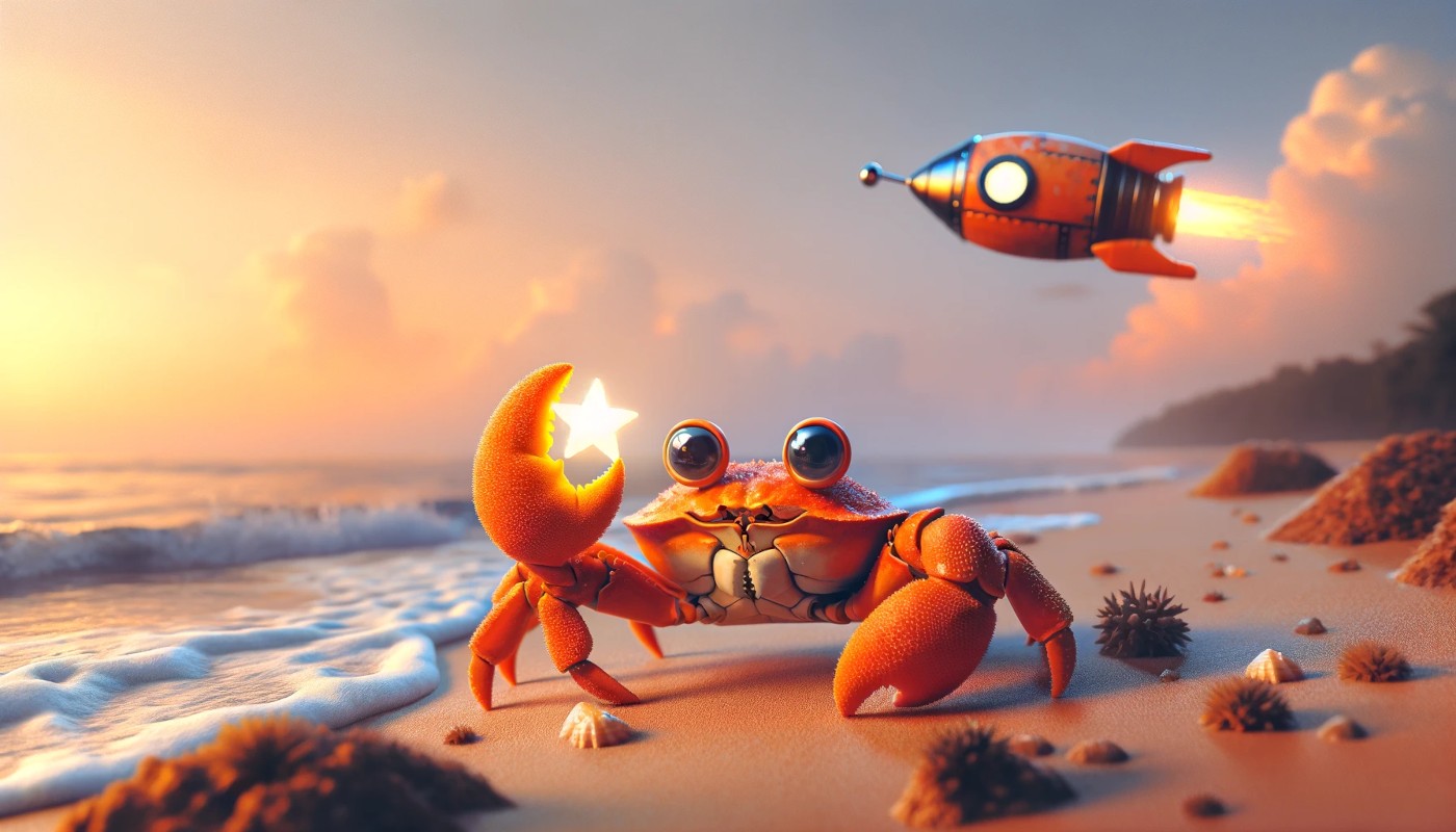 An orange crab holding a glowing star, space ship flying in the background