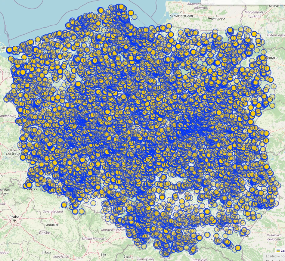 Overpass query result, showing all changes in Poland